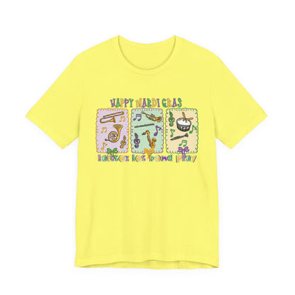 Mardi Gras T-Shirt — "Happy Mardi Gras" Carnival Mask & Beads Celebration Tee