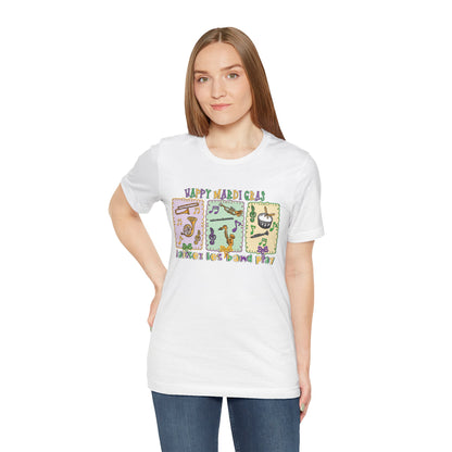 Mardi Gras T-Shirt — "Happy Mardi Gras" Carnival Mask & Beads Celebration Tee