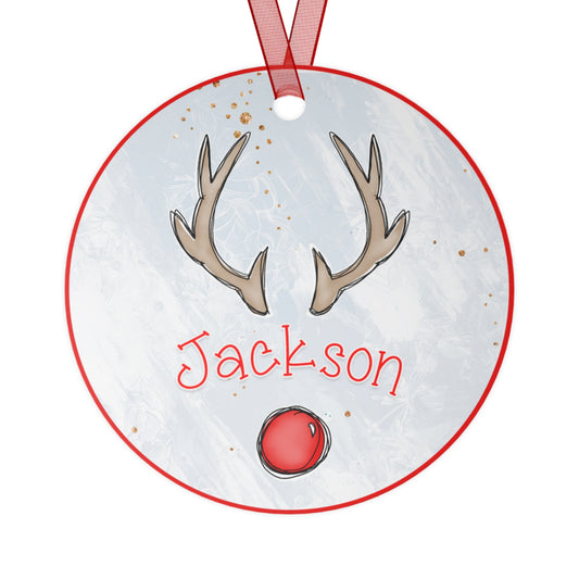 Personalized Boy Reindeer Grey Background Ornament