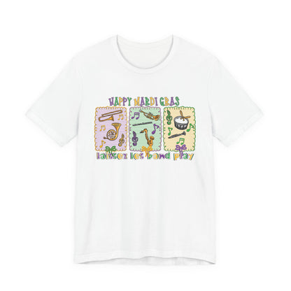 Mardi Gras T-Shirt — "Happy Mardi Gras" Carnival Mask & Beads Celebration Tee