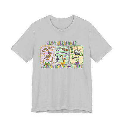 Mardi Gras T-Shirt — "Happy Mardi Gras" Carnival Mask & Beads Celebration Tee