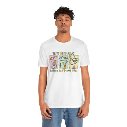 Mardi Gras T-Shirt — "Happy Mardi Gras" Carnival Mask & Beads Celebration Tee