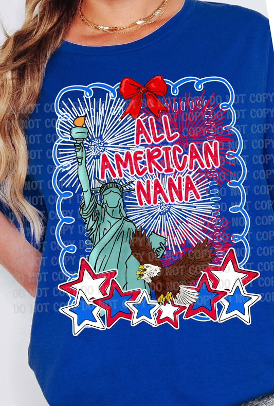 All American Nana Fourth of July Fireworks Statue of Liberty  Design - Red, White & Boom – Coquette Preppy Whimsical 4th of July Digital Design for Kids & Family | Patriotic Summer Fun Download