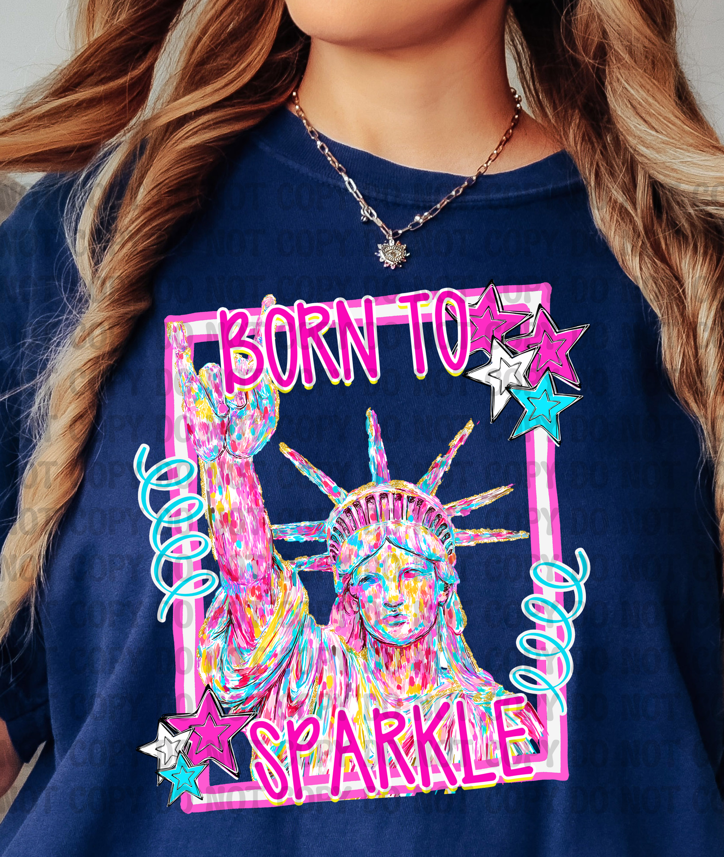 Born To Sparkle Pastel Lady Liberty 4th of July Digital Design | Whimsical Preppy Patriotic Graphic | Stars & Statue of Liberty PNG