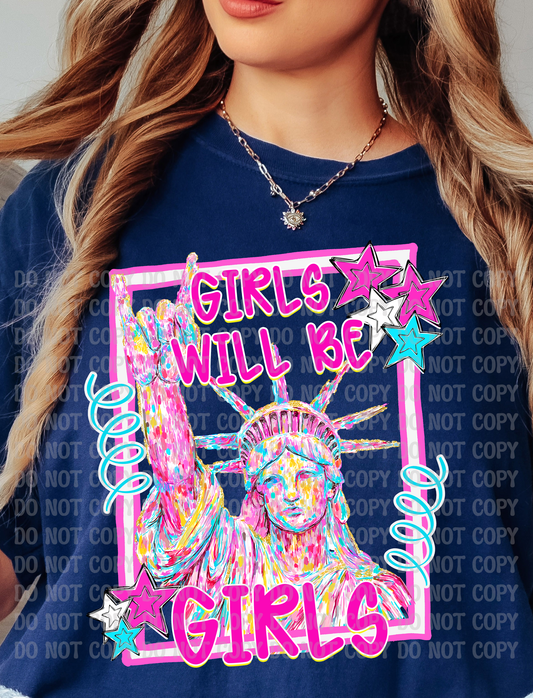Girls Will Be Girls  Pastel Lady Liberty 4th of July Digital Design | Whimsical Preppy Patriotic Graphic | Stars & Statue of Liberty PNG
