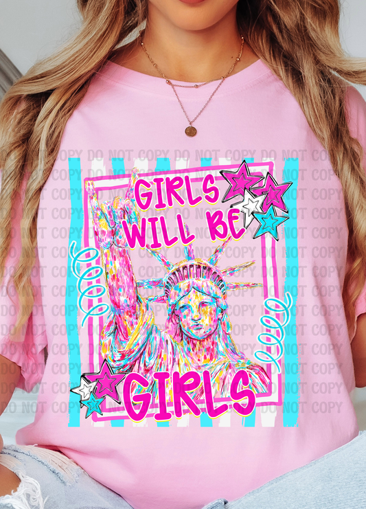 Girls Will Be Girls Stripes Pastel Lady Liberty 4th of July Digital Design | Whimsical Preppy Patriotic Graphic | Stars & Statue of Liberty PNG
