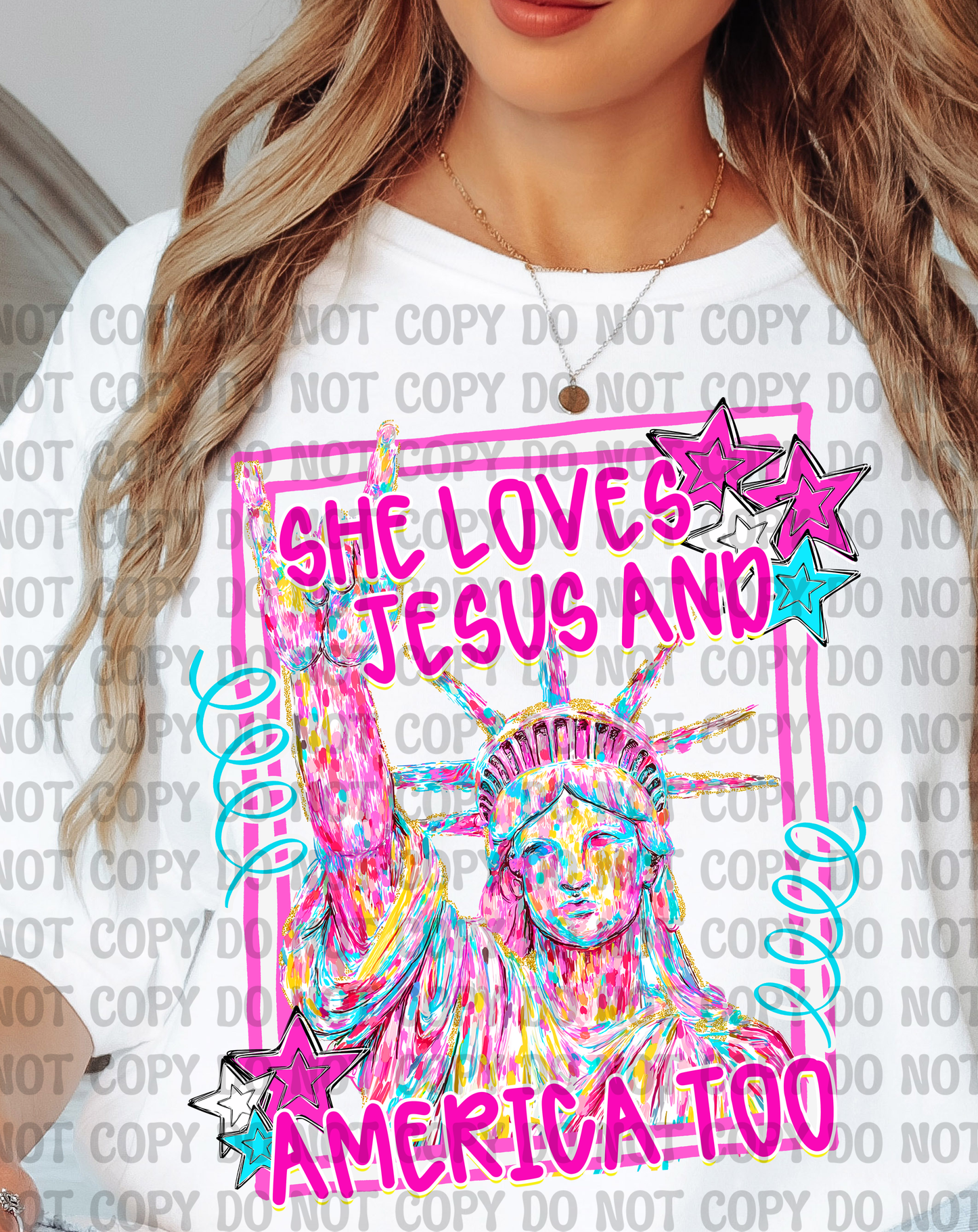 She Loves Jesus and America Too Pastel Lady Liberty 4th of July Digital Design | Whimsical Preppy Patriotic Graphic | Stars & Statue of Liberty PNG