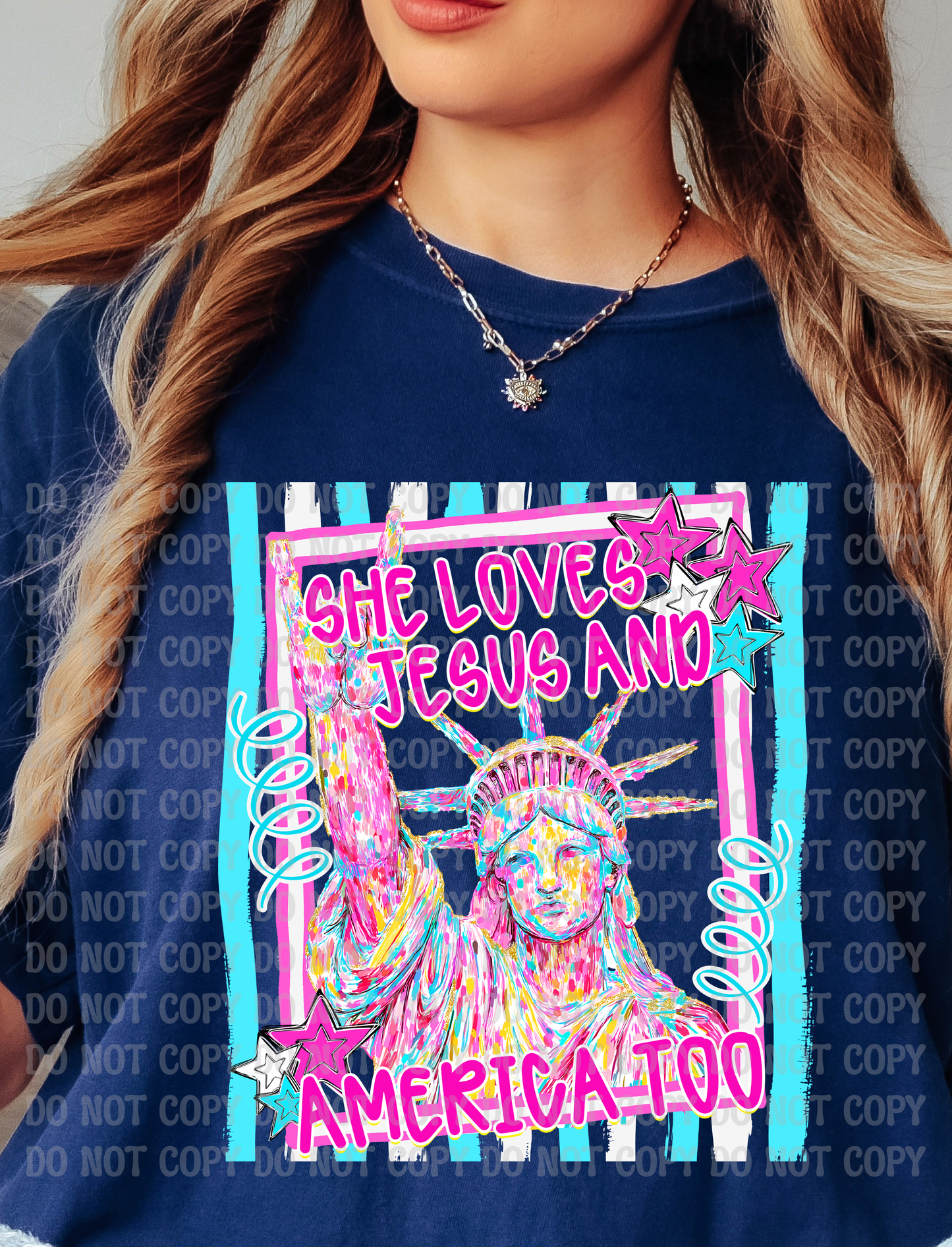 She Loves Jesus and America Too Stripes Pastel Lady Liberty 4th of July Digital Design | Whimsical Preppy Patriotic Graphic | Stars & Statue of Liberty PNG
