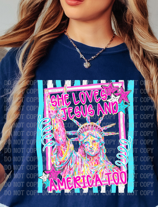 She Loves Jesus and America Too Stripes Pastel Lady Liberty 4th of July Digital Design | Whimsical Preppy Patriotic Graphic | Stars & Statue of Liberty PNG