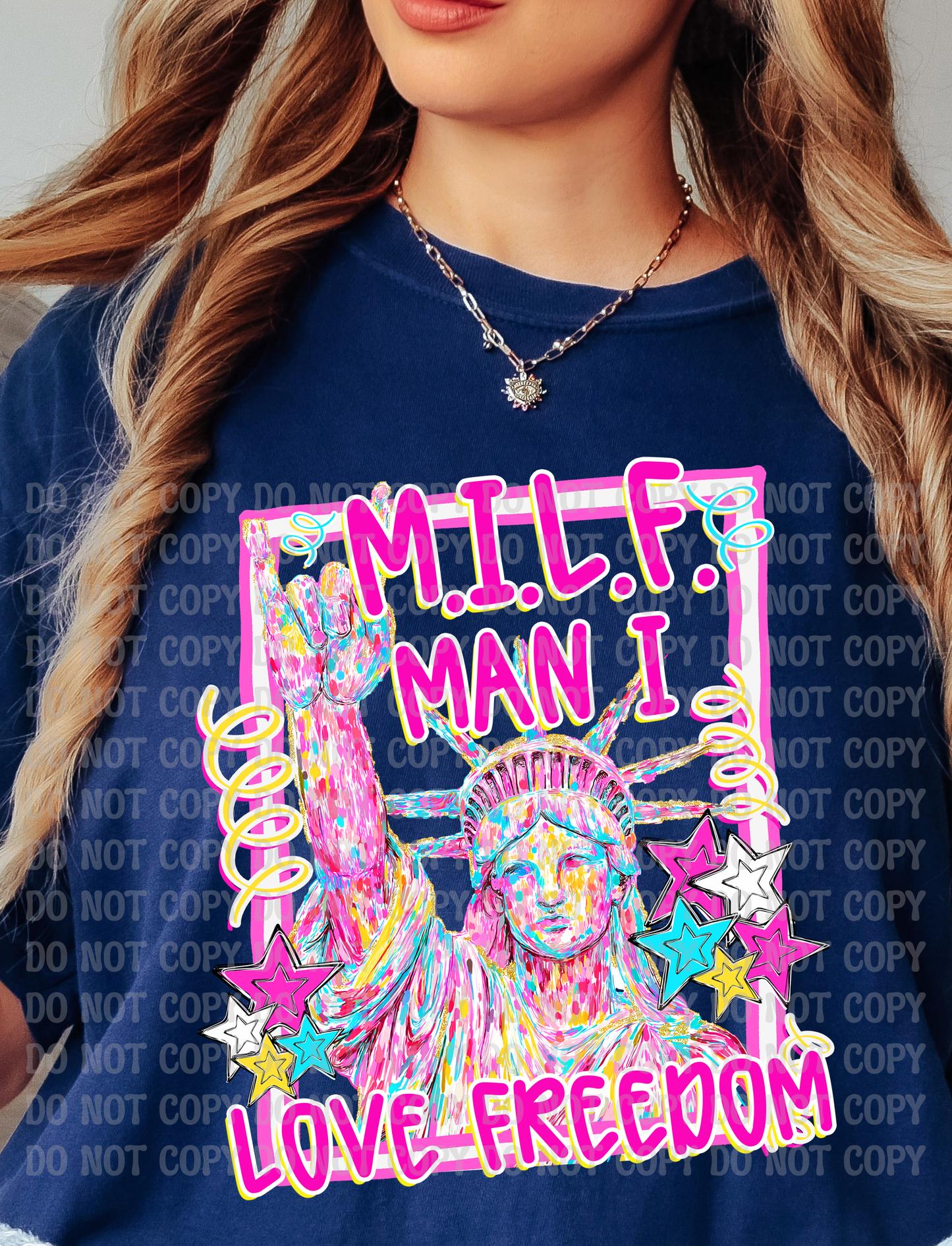 MILF Man I love Freedom Funny Raunchy Pastel Lady Liberty 4th of July Digital Design | Whimsical Preppy Patriotic Graphic | Stars & Statue of Liberty PNG