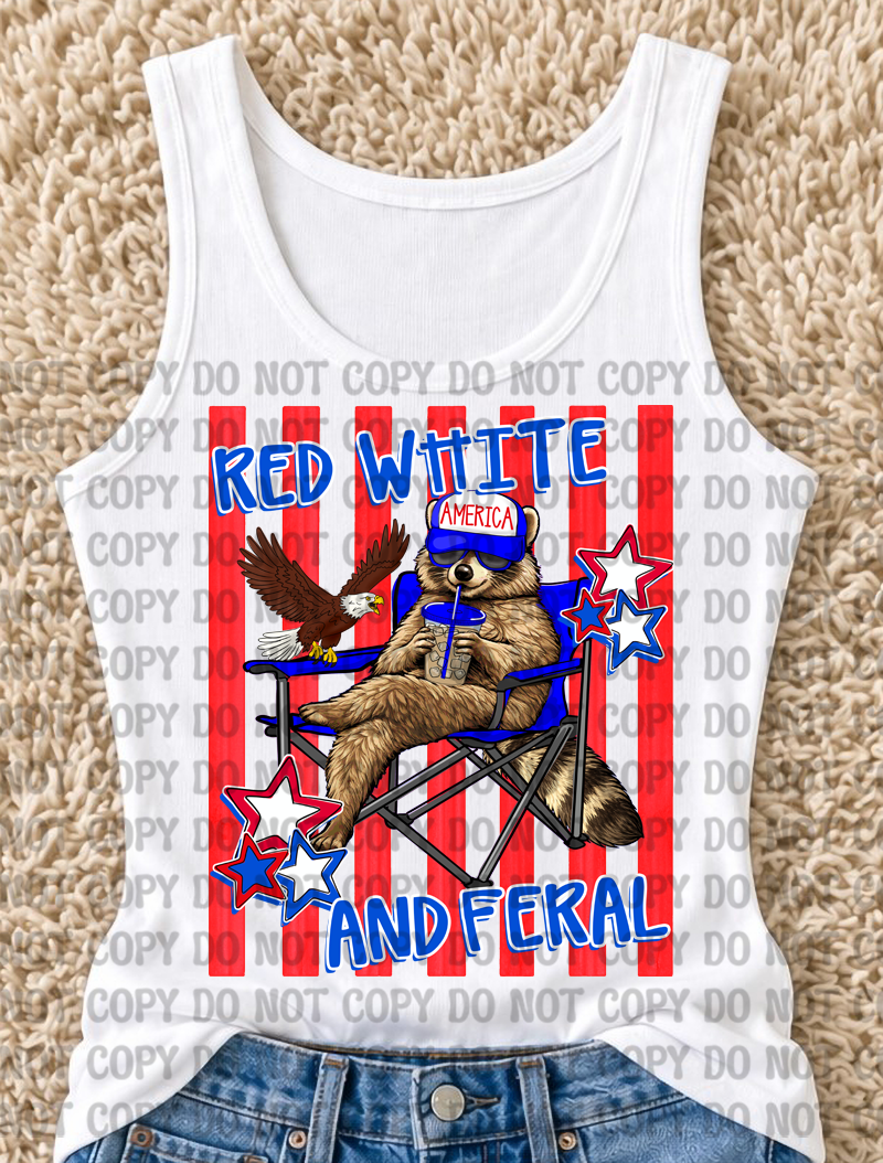 Red White & Feral Digital Design Bundle | Preppy Patriotic Raccoon Eagle PNG | Southern Redneck Summer Sublimation Design Set