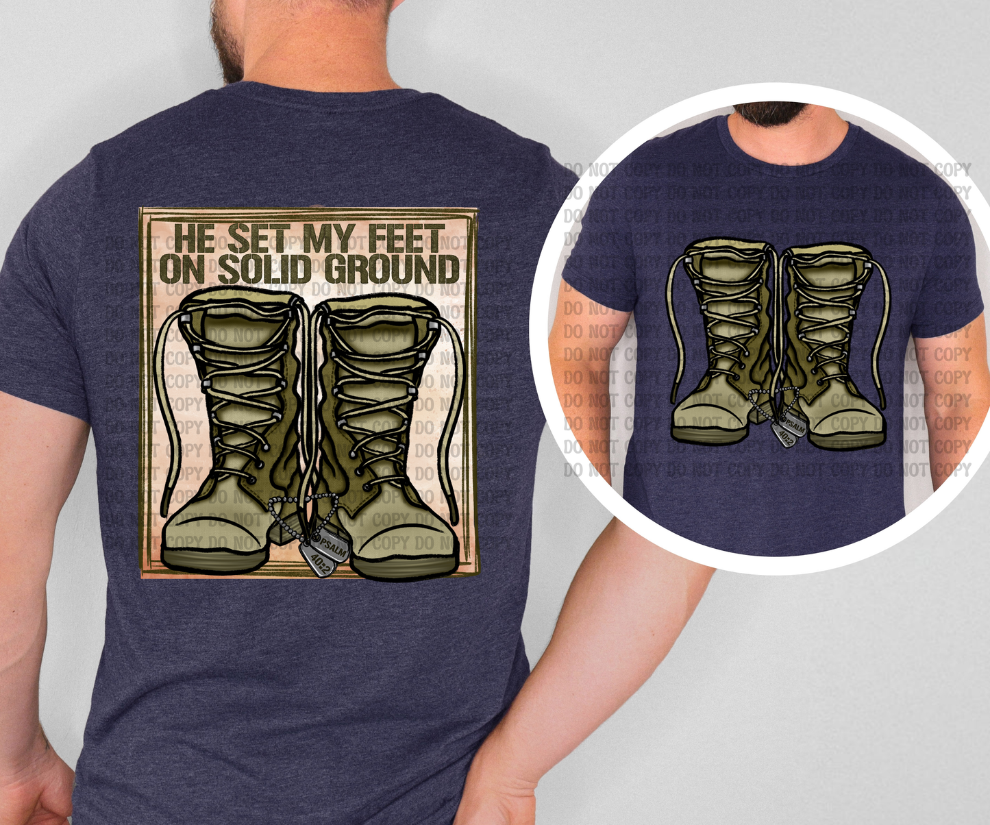 He Set My Feet on Solid Ground Christian Military 2 Variations Shirt Design | Psalm 40:2 Faith Graphic | Patriotic Boots Tee | Men’s & Unisex Digital Download