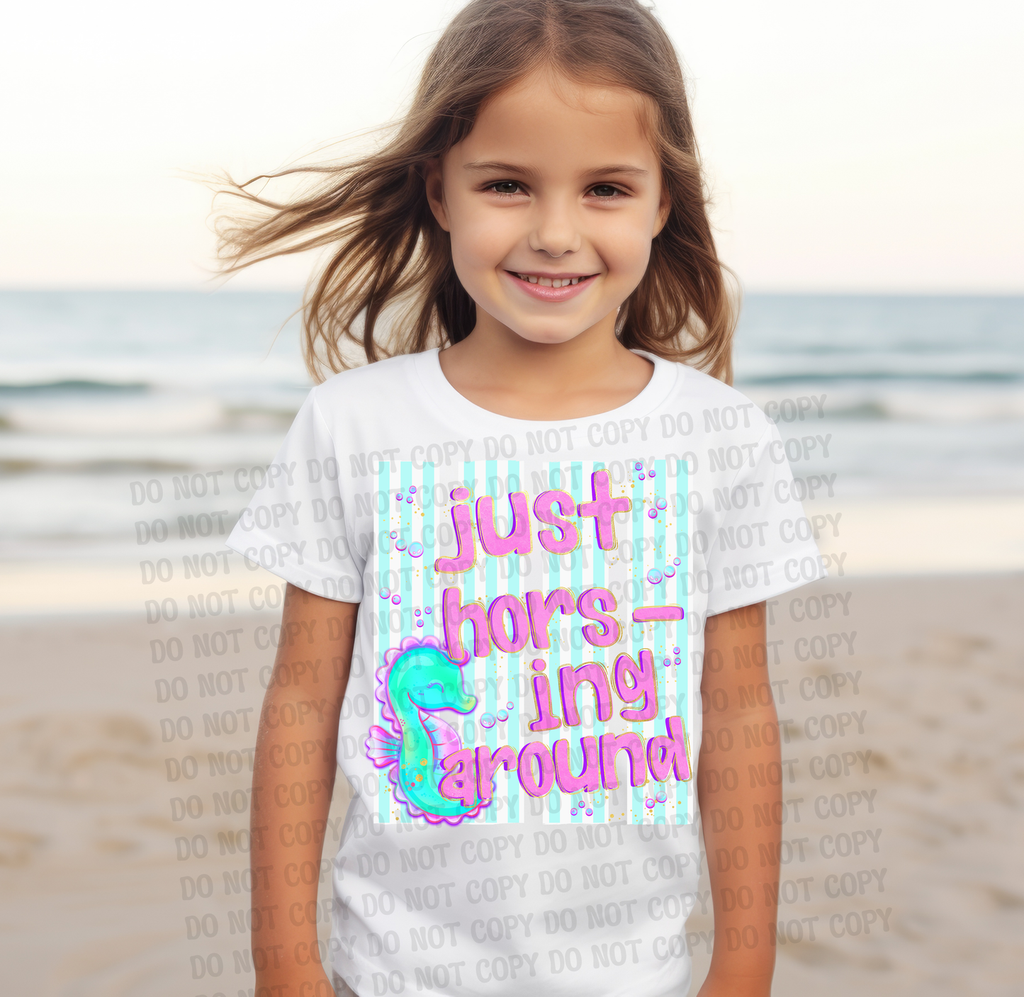 Seahorse Just Horsing Around Summer Kids Beach Designs | Ocean Animal Shirt Designs | Turtle Seahorse Oyster Manta Ray Whale Fish Octopus | Trendy Stripe Digital Download